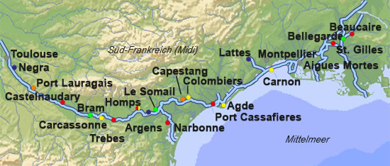 Karte - Hausboot-Charterstationen auf dem Canal du Midi und in der Camargue