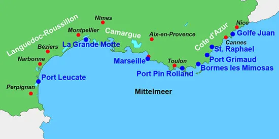 Karte - Yachtcharter Cote d'Azur und französische Mittelmeerküste