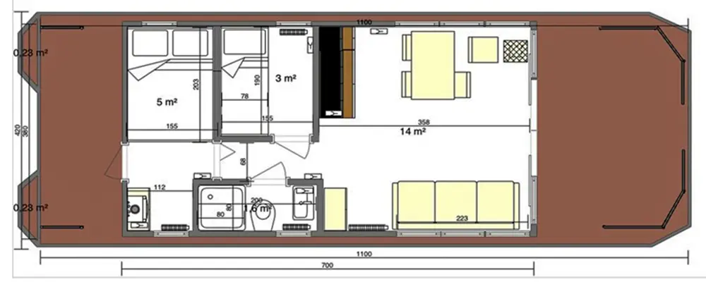 Bungalowboot 'La Mare L' - Aufteilung mit 2 Kabinen