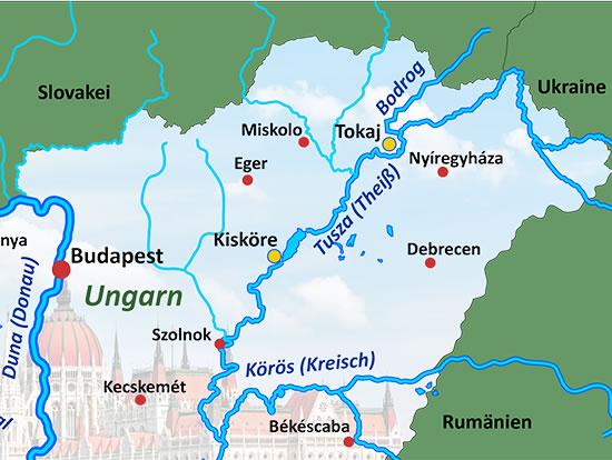 Bootsurlaub: Karte mit Nicols Charterstationen in Ungarn