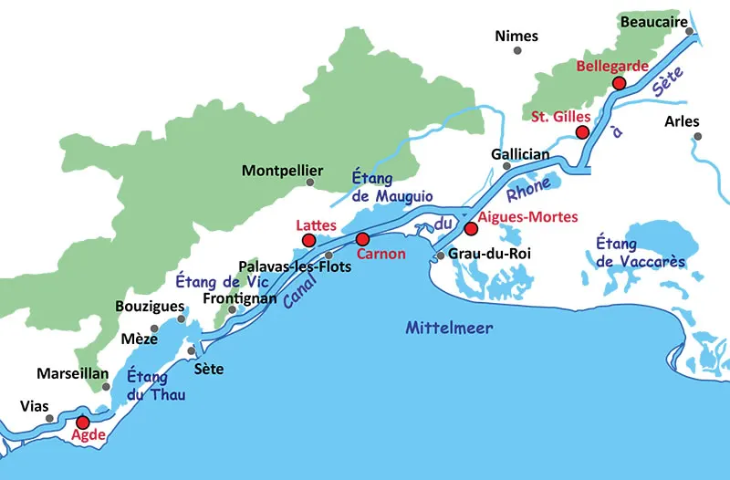 Hausboot mieten in der Camargue - Karte mit den Mietstationen