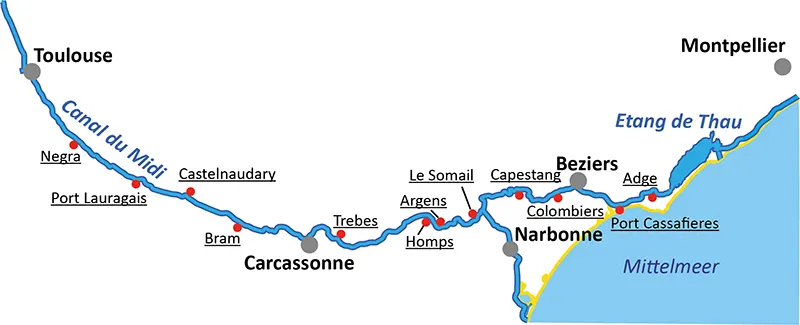 Karte - Charterstationen für Hausboote auf dem Canal du Midi