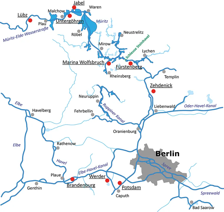 Hausboot fahren in Mecklenburg und Brandenburg - Karte mit den Charterstationen und der Schleuse Steinhavel