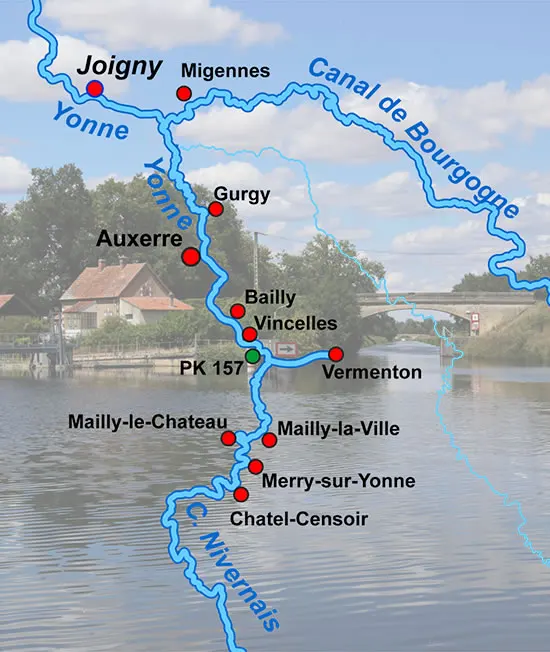 Reisebericht: Bootstour auf dem Canal du Nivernais - Karte mit den besuchten Orten