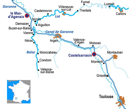 Karte Aquitaine - Hausboot fahren auf dem Garonne-Seitenkanal und der Baise