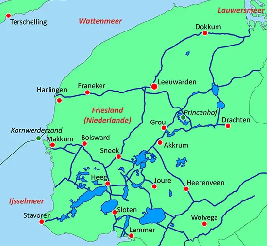 Übersichtskarte für Bootstouren in Friesland mit der Motoryacht