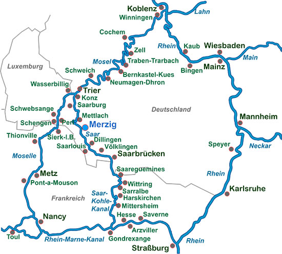 Motorboot fahren in der Region Saar - Mosel - Rhein - Elsass und Lothringen - Übersichts-Karte