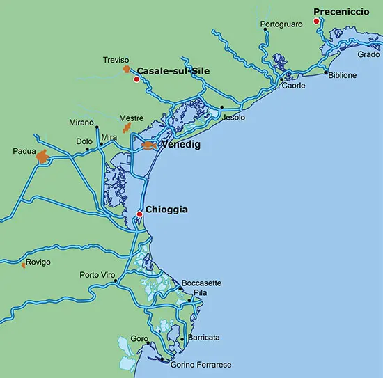 Hausboote in Italien - Karte der Wasserwege im Po-Delata und der Lagune von Venedig