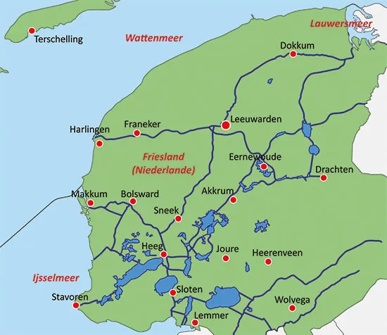 Motorboot fahren in Friesland - Übersichtkarte mit den großen Wasserwegen