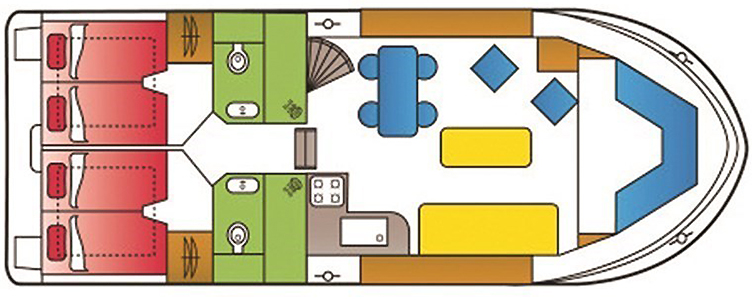 Safari Houseboat 1200 - Aufteilung mit 2 Kabinen und 2 Nasszellen