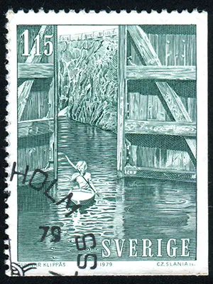 Schleuse auf dem Götakanal auf eienr altern Breifmarke alte Briefmarke 'Götakanal'