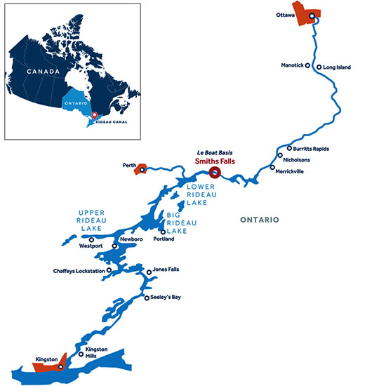 Kanada: Rideau Canal mit der Hausboot Mietstation von Le Boat Bootsmiete auf dem Rideau Kanal in Kanada - Karte