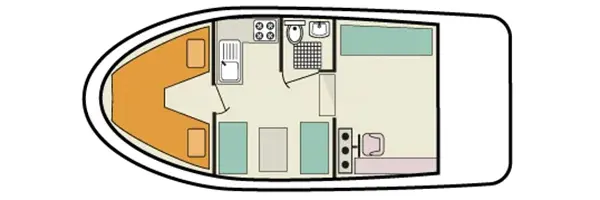 Hausboot 'Cygnet' - Kabinenaufteilung mit einer Kabine, Wohnbereich und Terrasse Hausboot 'Cygnet' - Kabinenaufteilung