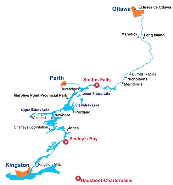 Bootsmiete auf dem Rideau Kanal in Kanada - Karte