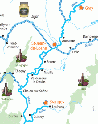 Übersichtskarte: Einwegfahrt auf der Saone mit dem Hausboot von St. Jean de Losne nach Branges