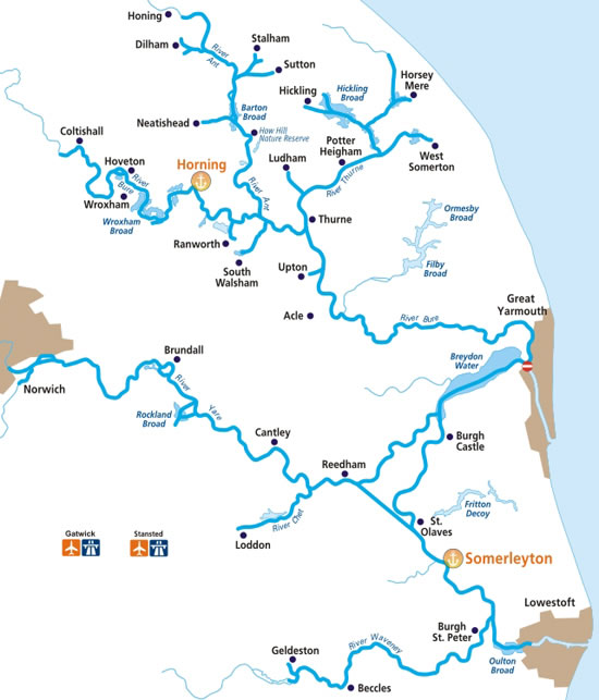 Karte Norfolk Broads - Gewässwer, Flüsse und Kanäle für Hausboot-Touren
