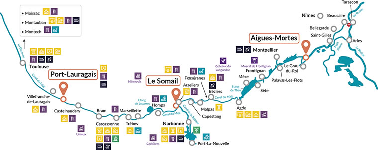 Karte Canal du Midi mit Nicols Hausboot Stationen