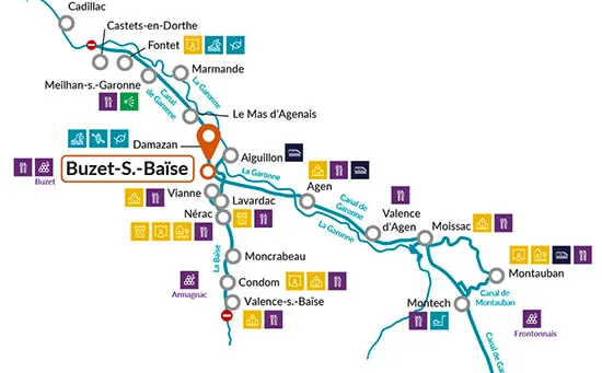 Nicols Hausboot im Aquitaine mieten - Karte der Region mit der Hausbootstation in Buzet-sur-Baise