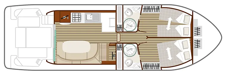 Hausboot 'Nicols Quattro Fly C' - Kabinenaufteilung - ein komfortables Boot mit 2 Kabinen Hausboot 'Nicols Quattro Fly C' - Kabinenaufteilung