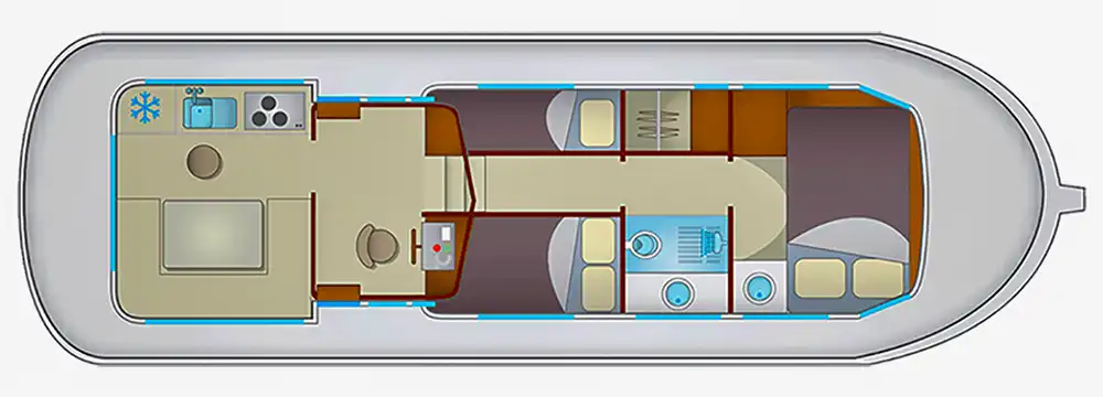 Hausboot 'Penichette classic 4/7' - Kabinenaufteilung mit 3 Kabinen Hausboot 'Penichette classic 4/7' - Kabinenaufteilung mit 3 Kabinen