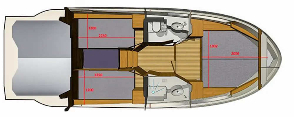 Motorboot 'La Mare XL' - Aufteilung mit 2 Kabinen Motorboot 'La Mare XL' - Aufteilung mit 2 Kabinen