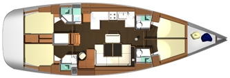 Dufour 525 - Riss der Segelyacht mit 4 Kabinen und 4 Nasszellen - Yachtcharter-Version