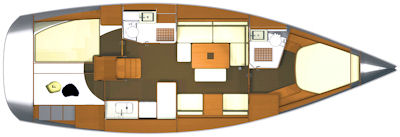 Dufour 405 - Riss der Segelyacht mit 3 Kabinen - Yachtcharter-Version