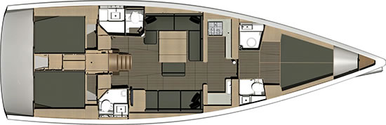 Dufour 512 - Riss der Segelyacht mit 4 Kabinen und 4 Nasszellen - Yachtcharter-Version