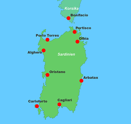 Yachtcharter Sardinien - Karte mit den Charterstationen