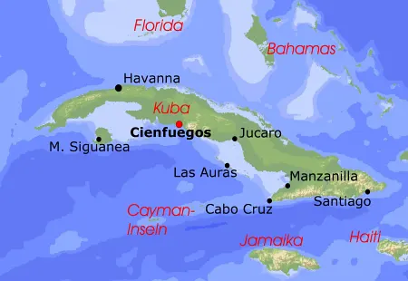 Yachtcharter Kuba - Karte zum Segelrevier mit Ausgangsort Cienfuegos